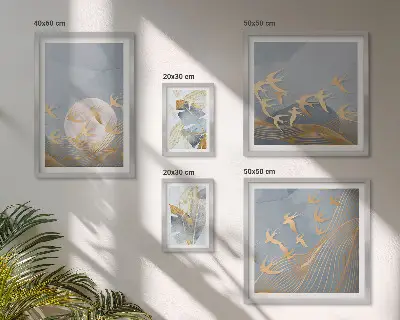 Wanddecoratie compositie stijlvolle vogels met grijze bladeren
