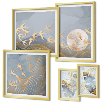 Wanddecoratie compositie Stijlvolle vogels laten grijze bladeren achter