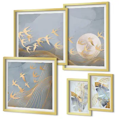 Wanddecoratie compositie stijlvolle vogels met grijze bladeren