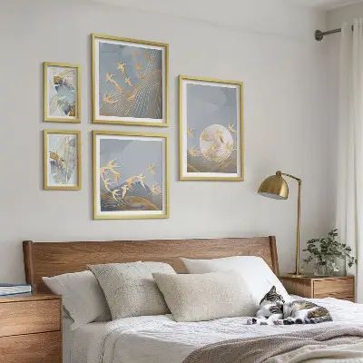 Wanddecoratie compositie stijlvolle vogels met grijze bladeren