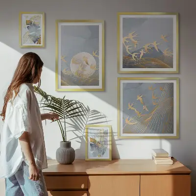 Wanddecoratie compositie stijlvolle vogels met grijze bladeren