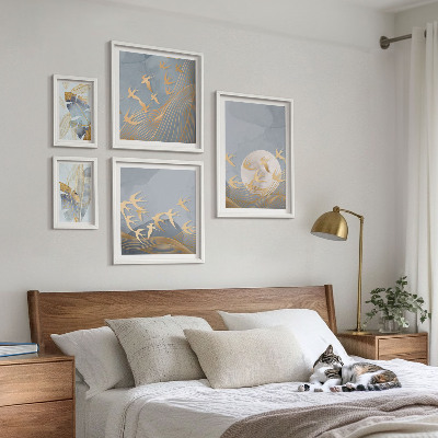 Wanddecoratie compositie Stijlvolle vogels laten grijze bladeren achter