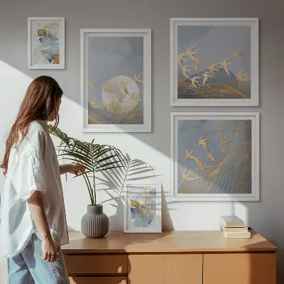 Wanddecoratie compositie stijlvolle vogels met grijze bladeren