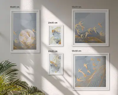 Wanddecoratie compositie stijlvolle vogels met grijze bladeren