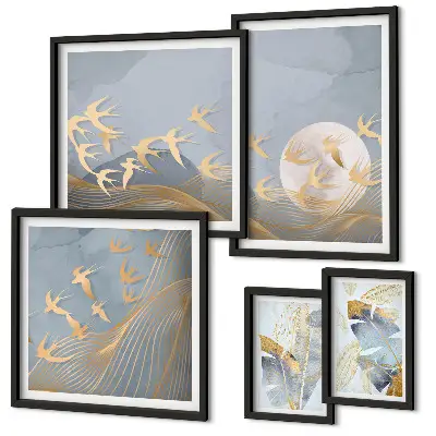 Wanddecoratie compositie stijlvolle vogels met grijze bladeren