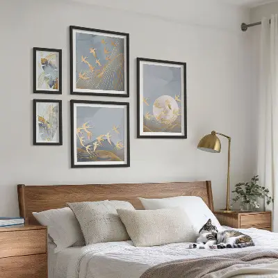 Wanddecoratie compositie stijlvolle vogels met grijze bladeren