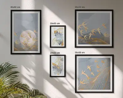 Wanddecoratie compositie stijlvolle vogels met grijze bladeren