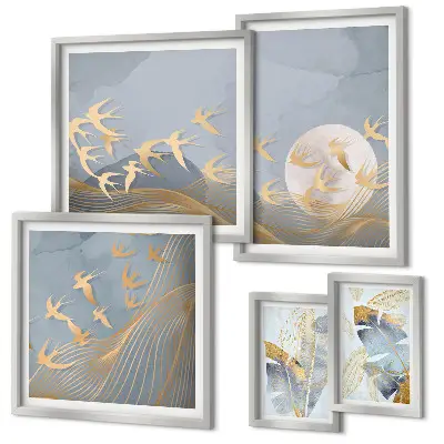 Wanddecoratie compositie stijlvolle vogels met grijze bladeren