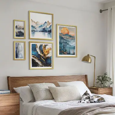 Moderne schilderijen set met berglandschappen in westerse stijl