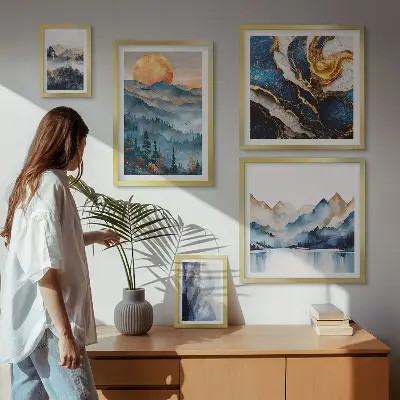 Moderne schilderijen set met berglandschappen in westerse stijl