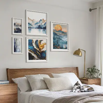 Moderne schilderijen set met berglandschappen in westerse stijl