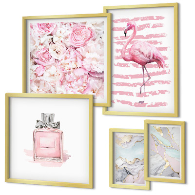 Gallery wall Stijlvolle roze accenten met flamingobloemen