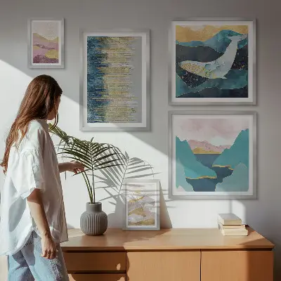 Wanddecoratie compositie abstracte bergen met een modern zeegezicht