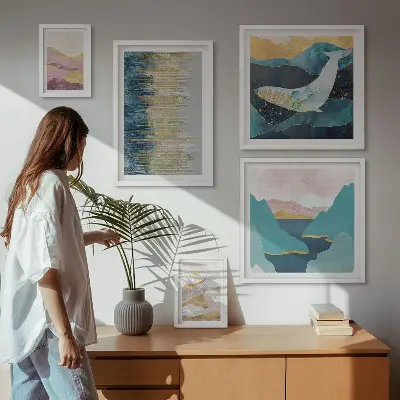 Wanddecoratie compositie abstracte bergen met een modern zeegezicht