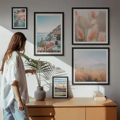 Moderne schilderijen set met kustlandschappen en natuur
