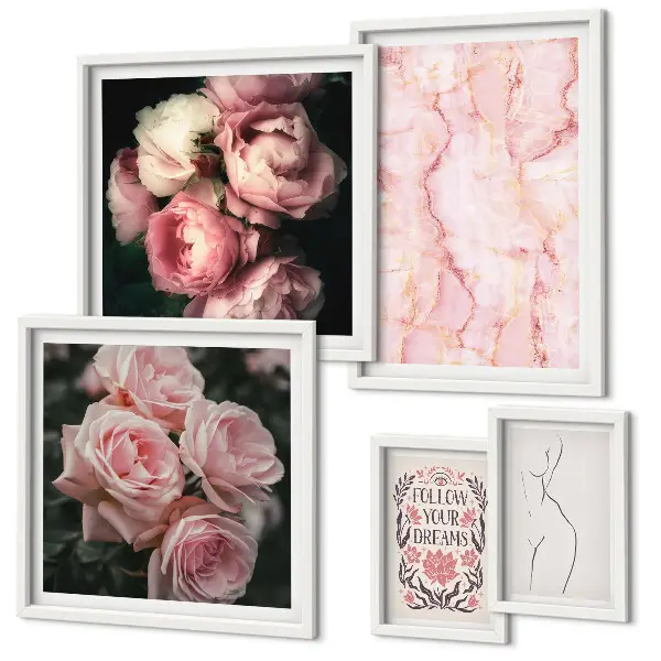 Moderne schilderijen set met roze bloemen in boho-stijl