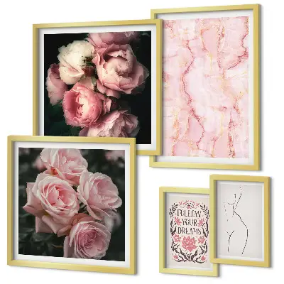 Moderne schilderijen set met roze bloemen in boho-stijl