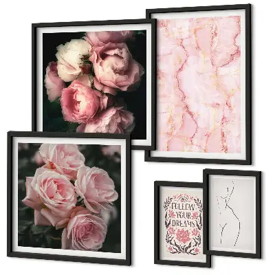 Moderne schilderijen set met roze bloemen in boho-stijl