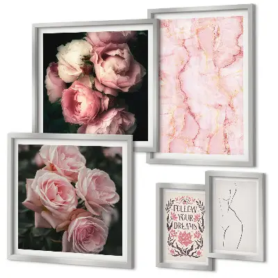 Moderne schilderijen set met roze bloemen in boho-stijl