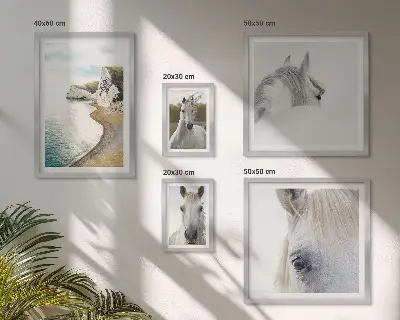 Gallery wall met paarden, strand en natuur in een minimalistische stijl