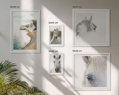 Gallery wall met paarden, strand en natuur in een minimalistische stijl