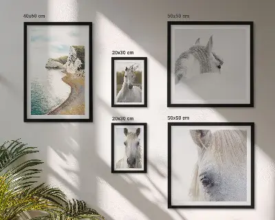 Gallery wall met paarden, strand en natuur in een minimalistische stijl