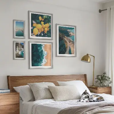 Moderne schilderijen set met strandlandschappen en citrusvruchten