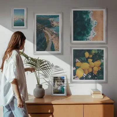Moderne schilderijen set met strandlandschappen en citrusvruchten