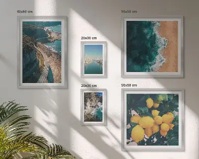 Moderne schilderijen set met strandlandschappen en citrusvruchten
