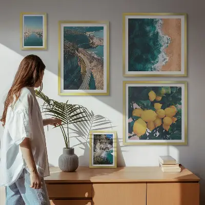 Moderne schilderijen set met strandlandschappen en citrusvruchten