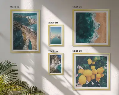 Moderne schilderijen set met strandlandschappen en citrusvruchten