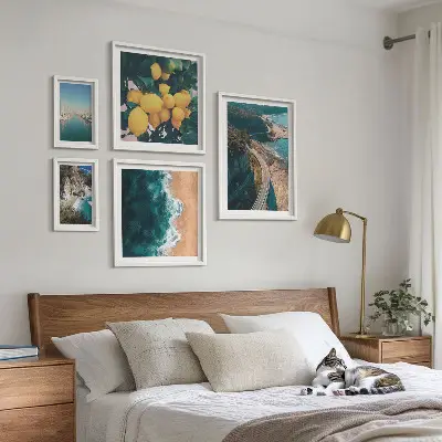 Moderne schilderijen set met strandlandschappen en citrusvruchten