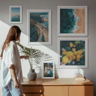 Moderne schilderijen set met strandlandschappen en citrusvruchten