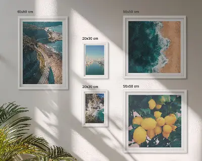 Moderne schilderijen set met strandlandschappen en citrusvruchten