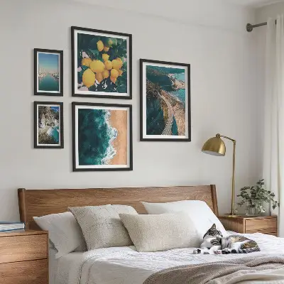 Moderne schilderijen set met strandlandschappen en citrusvruchten