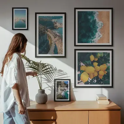 Moderne schilderijen set met strandlandschappen en citrusvruchten