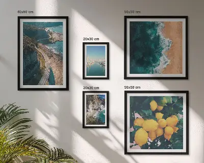 Moderne schilderijen set met strandlandschappen en citrusvruchten