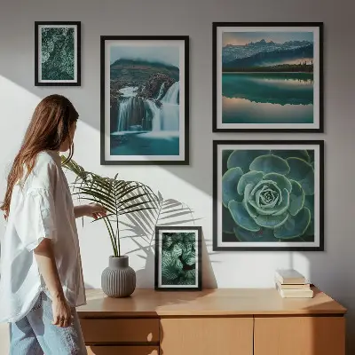 Wanddecoratie compositie met groene planten en watervallen in de natuur