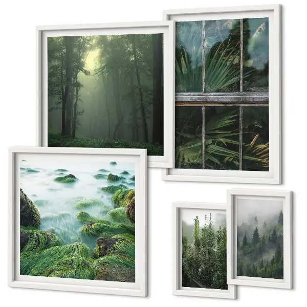 Set van moderne schilderijen met groene landschappen, bossen en vegetatie