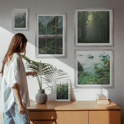 Set van moderne schilderijen met groene landschappen, bossen en vegetatie