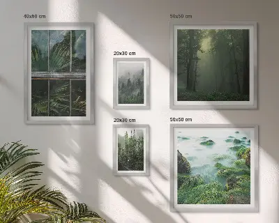 Set van moderne schilderijen met groene landschappen, bossen en vegetatie