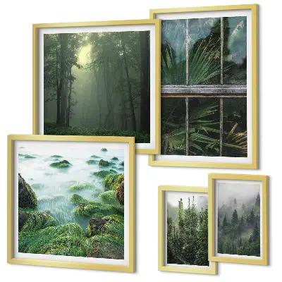 Set van moderne schilderijen met groene landschappen, bossen en vegetatie