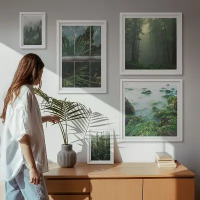Set van moderne schilderijen met groene landschappen, bossen en vegetatie