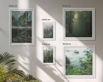 Set van moderne schilderijen met groene landschappen, bossen en vegetatie
