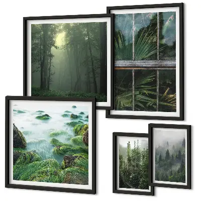 Set van moderne schilderijen met groene landschappen, bossen en vegetatie