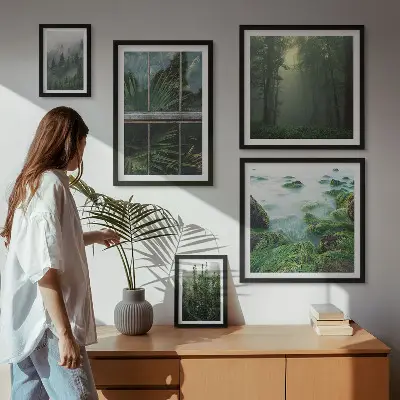 Set van moderne schilderijen met groene landschappen, bossen en vegetatie