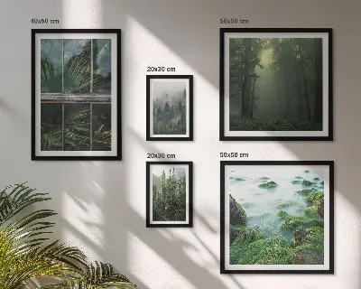 Set van moderne schilderijen met groene landschappen, bossen en vegetatie