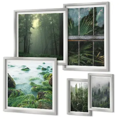 Set van moderne schilderijen met groene landschappen, bossen en vegetatie