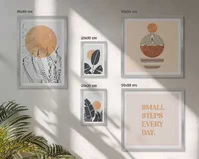 Gallery wall met stijlvolle slogans en plantenafbeeldingen