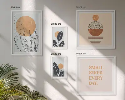 Gallery wall met stijlvolle slogans en plantenafbeeldingen